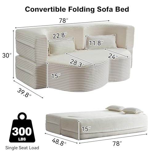78" Twin Size Convertible Folding Sleeper Sofa Bed, Modern Corduroy Futon Sofa Bed with Pillow, Foam Mattress Loveseat Cloud Couch, No Assembly Floor Couches for Living Room, Playroom, Apartment Beige extrasleep