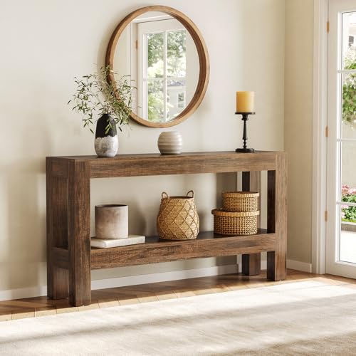 LITTLE TREE 63-Inch Narrow Long Entryway Table for Living Room, Farmhouse Wood Console Table for Sofa, Entry, Hallway, Entrance, Foyer, Behind Couch with 2-Tier Shelves, Brown LITTLE TREE