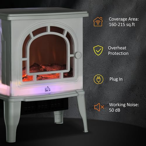 HOMCOM 18" Electric Fireplace Stove, Freestanding Fireplace Heater with Realistic LED Flame, Adjustable Temperature, Overheat Protection, 750W/1500W, White HOMCOM