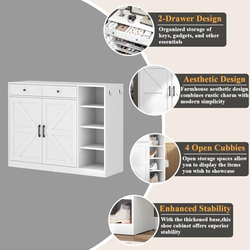 Loomie 5-Tier Shoe Cabinet with 4 Side Cubbies, Farmhouse Shoe Rack Cabinet with 6 Adjustable Shelves & 2 Drawers, Freestanding Shoe Storage Cabinet with 4 Brackets & 2 Hooks for Entryway (White) Loomie