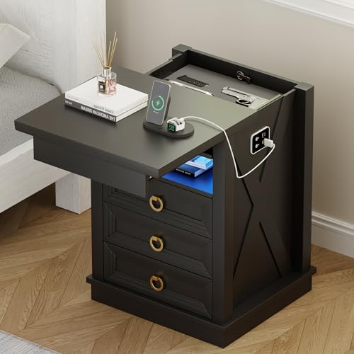 Lvifur Farmhouse Nightstand with Gun Drawer, Human Sensor LED Bedside Table with LED Lights & Charging Station, Rustic Wood Sofa Side End Table with 3 Drawers for Bedroom (Black) Lvifur