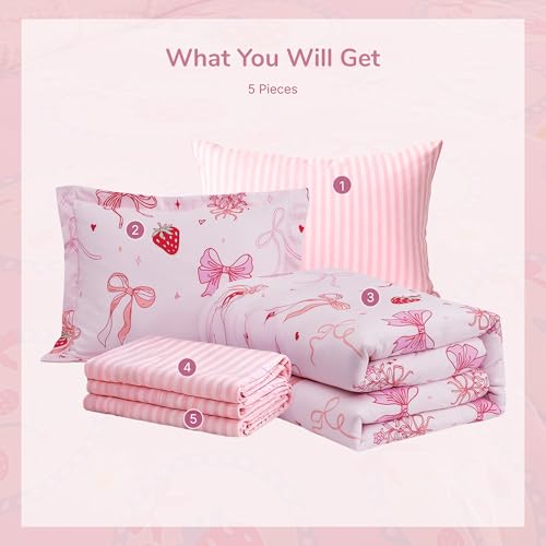 Wink Deer Twin Comforter Set for Girls-5 Pieces Pink Bow Twin Bedding Sets for Kids, Ultra Soft Bed in A Bag with Sheets Wink Deer