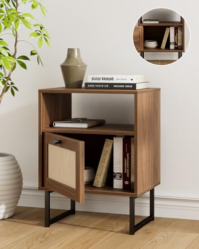 Apetaccat Rattan Nightstand, Boho Night Stand Farmhouse Wood Bedside Table with Storage and Open Shelf, End Side Accent Table for Bedroom,Living Room,Walnut Apetaccat