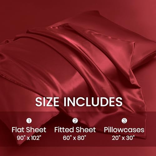 Revdomfly 4 Pcs Queen Size Luxury Silky Soft Wine Red Satin Sheet Set,1 Premium Moisture Wicking Fitted Sheet Fits Up to 16 Inches Deep Pocket + 1 Flat Sheet + 2 Pillowcases(Wine Red, Queen) Revdomfly
