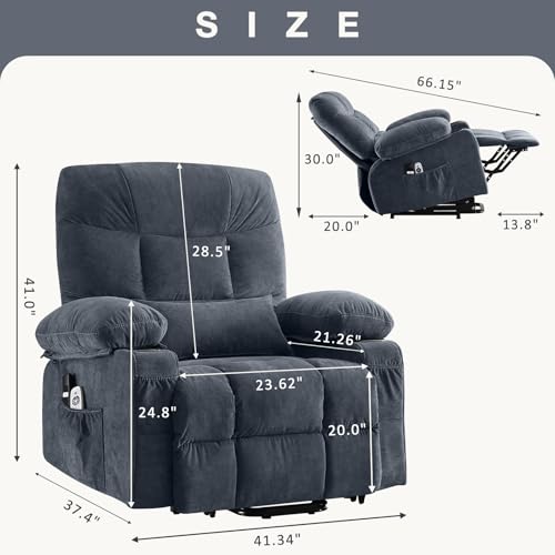 Power Lift Recliner Chair for Elderly, Electric Massage Recliner with Lumbar Heat, Fabric Single Sofa with 2 Cup Holders, USB Ports & Side Pockets, Infinite Position Motorized Chair for Living Room