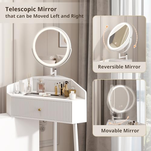 ARTETHYS Corner Vanity Desk with Retractable and Rotating Mirror and Lights Small Modern White Makeup Vanity Set with Glass Top for Women Compact Girls Dressing Table with Drawer for Small Space ARTETHYS