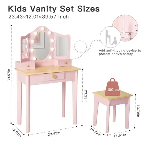 labebe Kids Vanity, Girls Vanity Desk with LED Changing Lights, Pretend Play Princess Vanity Set, Wooden Toddler Makeup Desk Dressing Table with Drawer and Chair (Pink) labebe