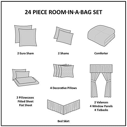 Madison Park Essentials Room in a Bag Faux Silk Comforter Set - Luxe Diamond Tufting All Season Bedding, Matching Curtains, Decorative Pillows, Ivory King(104"x92") 24 Piece Madison Park