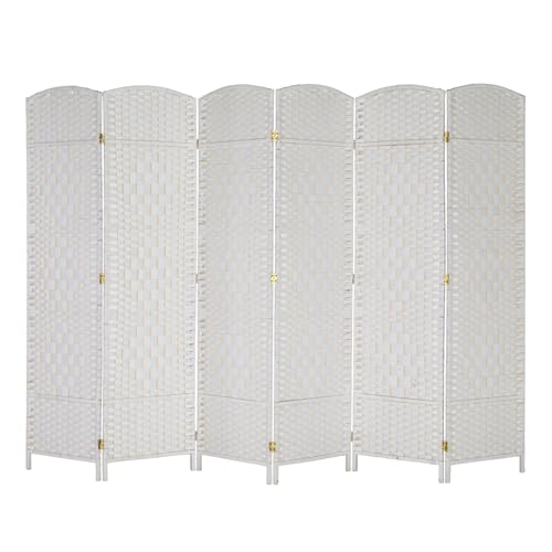 VINGLI 6-Panels Tall Rattan Room Divider, 6 FT Folding Privacy Screen, Indoor Partition Wall Dividers, Freestanding Hinged Space Separator (White) VINGLI