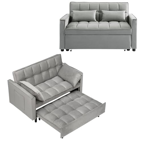 Anwick Modern Sleeper Sofa Bed,3-in-1 Convertible Pull Out Couch Bed Futon Sofa w/Reclining Adjustable Backrests,Pillows,55''Velvet Loveseat Sofa for Compact Home Bedroom Office (Grey, 55'') Anwick