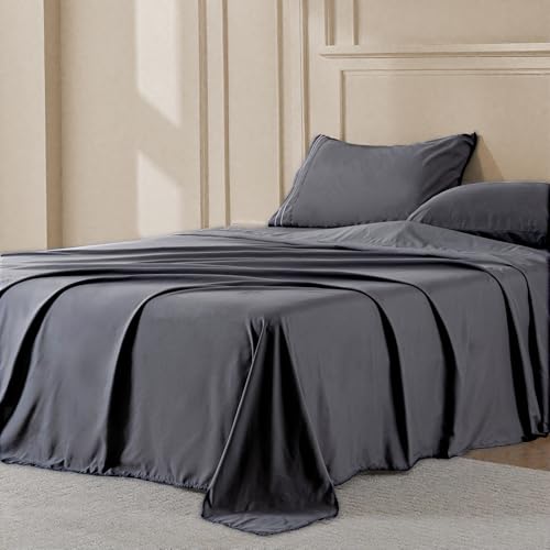 Ranunculus 3 Piece Washed Twin Bed Sheet Set, Fitted Sheet Twin Size & Bedsheet & Pillowcase, Soft Brushed Microfiber - 16 inches Deep Pocket, Breathable, Fade Resistant,Easy Care (Dark Grey,Twin) Ranunculus