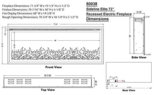 Touchstone Sideline Elite Smart 72” WiFi-Enabled Electric Fireplace - 80038 - in-Wall Recessed - 60 Color Combinations - 1500/750 Watt Heater (68-88°F Thermostat) - Black - Log, Crystals & Driftwood Touchstone