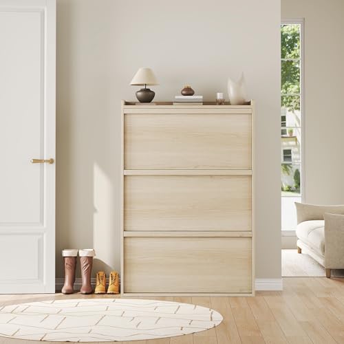 GarveeHome Shoe Cabinet with 3 Flip Drawers, Wooden Shoe Organizer Cabinet with Adjustable Shelf, Shoe Storage for Entryway, Hidden Shoe Cabinet for Hallway, Living Room, Natural Oak GarveeHome