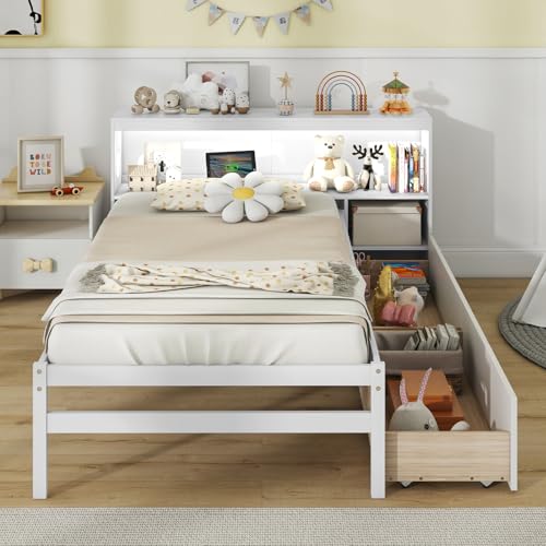 Giantex Wood Twin Bed Frame with Storage Drawer & Headboard, Modern Platform Bed with Charging Station & LED Light, Built-in Nightstand, Single Bed with Slats Support, Twin Bed Frames for Kids (White) Giantex
