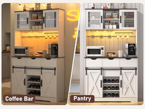 72" Farmhouse Bar Cabinet w/ 60000-color LED Lights,Outlet,Sliding Barn Door,Large Coffee Bar w/Hutch,Wine & Glasses Rack,4 Drawers,12 Shelves,Kitchen Buffet Sideboard for Kitchen,Dining Room chartustriable