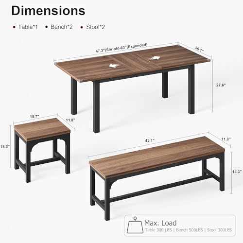 Garvee 47.3"-63" Extendable Dining Table for 4-8, Rectangular Wood Kitchen Table with Strong Metal Frame, Industrial Long Dining Room Table with 2 Benches and 2 Stools for Kitchen Living Room Home Garvee