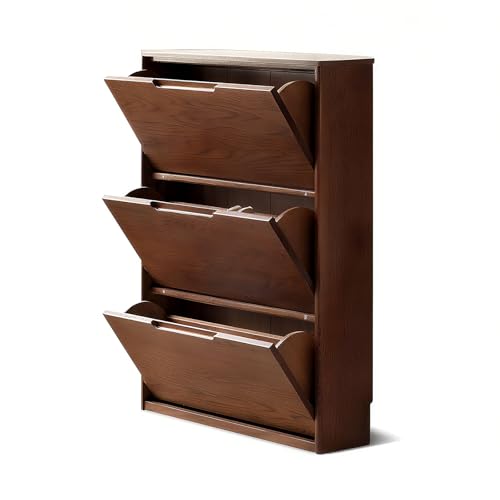 Wayshome Oak Shoe Cabinet with 3 Flip Drawers, Solid Wood Shoe Storage Cabinet, Narrow Shoe Organizer for Entryway, 7.9" x 33.5" x 45.7", Oak Wood, Walnut Wayshome