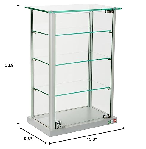 Small Curio Cabinet, Free Standing Glass Display Shelf, Adjustable, Aluminum (Silver Base) Displays2go
