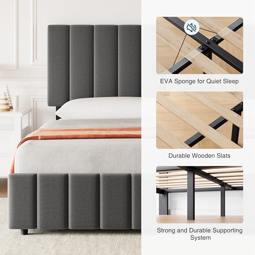 Garvee Full Size Bed Frame with 4 Storage Drawers, Adjustable Height Headboard, Linen Upholstered Platform Bed Frame, No Box Spring Needed, Easy Assembly, Grey Garvee