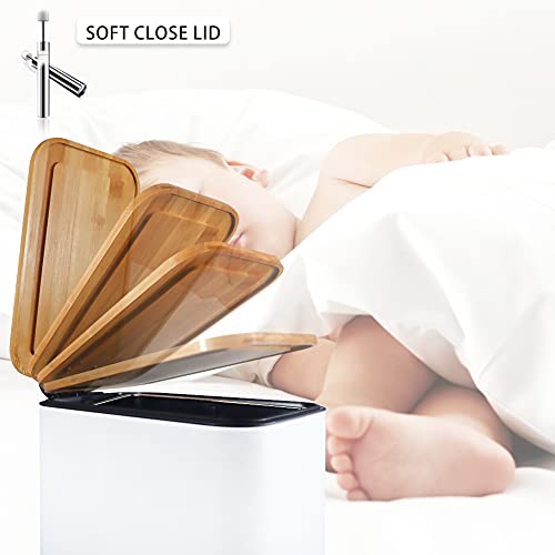 SIDIANBAN Bathroom Trash Can with Bamboo Lid Soft Close and Foot Pedal, Small Rectangular Slim Garbage Can with Inner Wastebasket for Bedroom, Office, Kitchen, 1.3Gal/5L, White SIDIANBAN