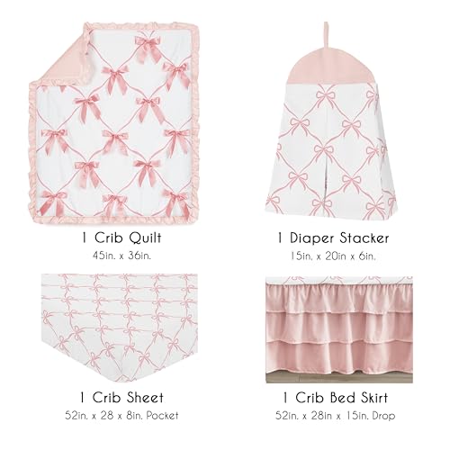 Sweet Jojo Designs 4-Piece Baby Crib Bedding Set (Pink Bows) for Girls, Infants/Nursery incl. Blanket, Fitted Sheet, Skirt, Diaper Stacker (Ruffles, Bow, Ballet Dancer, Ballerina Princess Collection) Sweet Jojo Designs