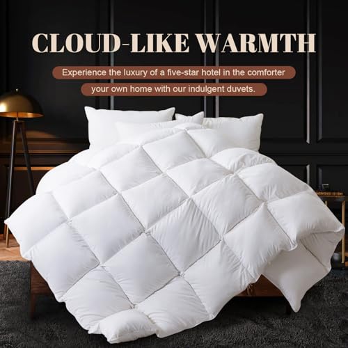 WhatsBedding Queen Size Feather Comforter, Filled with Feather and Down Fiber, White All Season Duvet Insert - Luxurious Hotel Bed Comforter - 100% Cotton Cover, Medium Warmth with Corner Tabs - 90x90 WhatsBedding