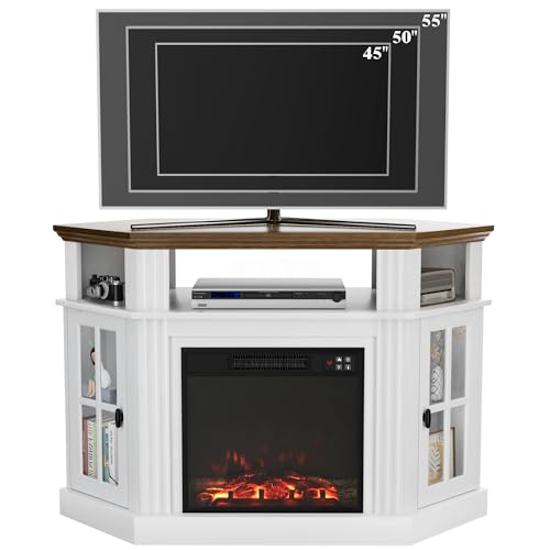 Flamaker Fireplace Corner TV Stand for TVs up to 55 Inch, Entertainment Center with 18" Fireplace, TV Console Table with Glass Door Storage Cabinet and Open Shelf (White) Flamaker