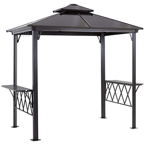 Outsunny 9' x 5' Grill Gazebo, Hardtop BBQ Gazebo Canopy with 2-Tier Polycarbonate Roof, Shelves Serving Tables and Hooks, for Backyard Patio Lawn Outsunny