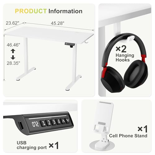 Furmax Electric Standing Desk, 45 x 24 Inches Sit Stand up Desk, Sit Stand Height Adjustable Home Office Desk with 4 Height Position Memory - with Splice Board (White, 45) Furmax