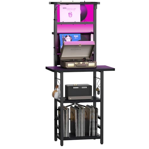 YAKANJ Record Player Stand with Led Light,Record Player Table with Vinyl Storage,Turntable Stand with Record Holder Vinyls Display Shelf for Music Room Studio,Black YAKANJ