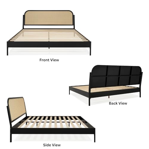 Bme Aurelia Black Solid Wood Bed Frame with Rattan Headboard - Bohemian & Mid Century Modern Style Bme