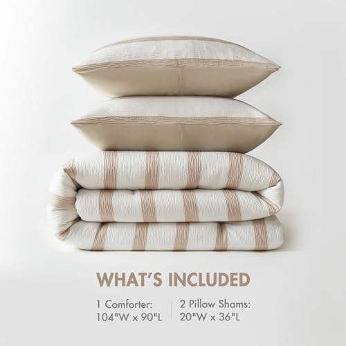 Madison Park Essentials Striped Comforter Set King/Cal King Size, Yarn-Dyed Reversible Comforter with Minimalist Stripes, Crinkled Texture Bedding Set for All-Season Lightweight Warmth, Merritt Taupe Madison Park