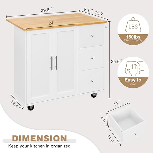 Shintenchi Kitchen Island with Folding Drop Leaf, Rolling Island Table with Storage, Kitchen Cabinet on Wheels with Seating Area for Kitchen, Bar Cart with Cabinet, White Shintenchi