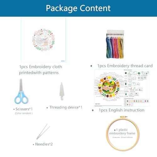 Zhenqing Autumn Picnic Squirrel Embroidery Kit for Beginners - Complete Set with Pre-Printed 29x29cm Cotton Fabric, Hoop, Threads & Tools(C0141)