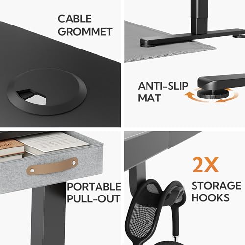 Seang Standing Desk with Drawer, 48" x 24" Height Adjustable Stand Up Desk, 3 Memory Height Settings with Cable Grommets & Storage Hooks, Ideal for Home & Office, Black Seang
