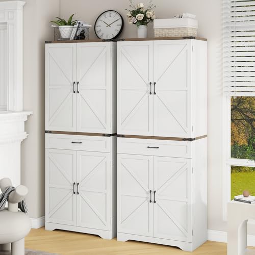 Halitaa 72" Tall Farmhouse Pantry Storage Cabinet with Organizer - Large Capacity Freestanding Cupboard for Kitchen, Dining Room, Living Room, White Halitaa