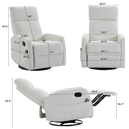 HRVEOCEI Small Recliners for Small Spaces, Manual White Recliner Rocking Chair for Nursery, Velvet Swivel Glider Recliner with Heat and Massage, Side Pockets, Living Room Bedroom (Light White)