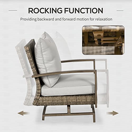 Outsunny 4 Piece Wicker Patio Furniture Set with 2 Rocking Chairs, Loveseat Sofa, Outdoor PE Rattan Conversation Set with Cushions, Aluminum Table for Porch, Poolside, Light Gray Outsunny