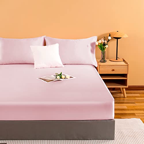 NSGZ Satin Fitted Sheet Twin, Single Silky Fitted Sheet Only Soft Deep Pocket Bottom Bed Sheets, Wrinkle Free & Fade Resistant & Breathable Bottom Sheets- Pink NSGZ