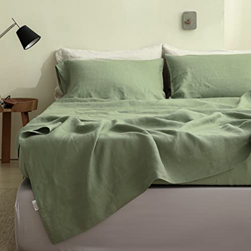 Simple&Opulence French Linen Flat Sheet,100% Natural Flax Bedding Sheet with Stone Washed King Size(108''x102'') Ultra Soft Breathable-1 Piece Flat Top Sheet Only Basic Style, Sage Green Simple&Opulence