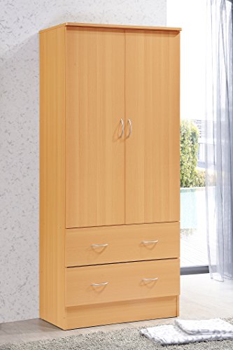 HODEDAH 2 Door Wood Wardrobe Bedroom Closet with Clothing Rod inside Cabinet and 2 Drawers for Storage, Beech Hodedah