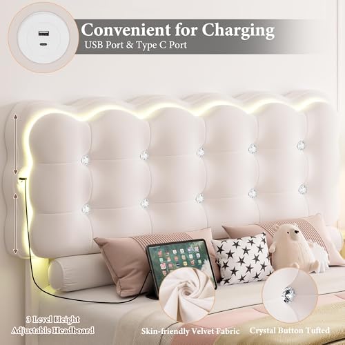 HIFIT Upholstered Full Size LED Bed Frame with Charging Station and Adjustable Crystal Button-Tufted Puffs Headboard, Velvet Princess Floating Platform Bed Frames for Girls, No Box Spring Needed,Beige HIFIT
