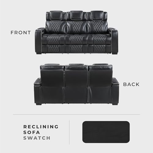 Lexicon Power Double Reclining Sofa, Center Drop-Down Table with Heat/Massage/Headrest/Storage Arms/Cup Holders/LED Lights/Wireless Charging, Top Grain Leather Match Wall Hugger Recliner Sofa, Black
