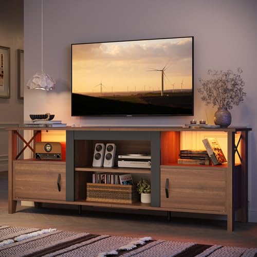 Bestier Farmhouse TV Stand for 70 inch TV, Gaming Entertainment Center with LED Lights, TV Console with 2 Storage Cabinets and Shelf for Living Room, 63'' Inch, Ancona Walnut Bestier