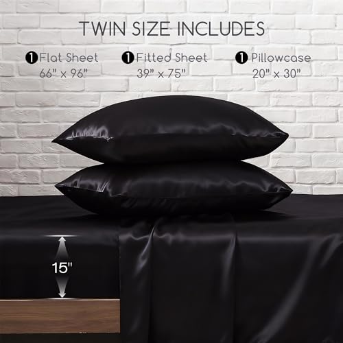 MR&HM Satin Sheets with Elastic Corner Straps, Twin Size 3-Piece Silky Bedding Set, Deep Pocket 15 Inches, Good for Hair & Skin (Twin, Black) MR&HM