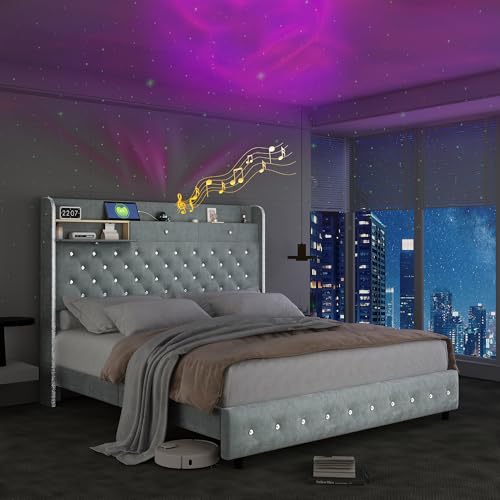 Queen Led Bed Frame with Galaxy Aurora Star Projector, Queen Platform Bed with Charging Station, 52" Upholstered Hidden Storage Headboard with Wingback, Noise Free, No Box Spring Needed, Velvet Gray SIBEDS
