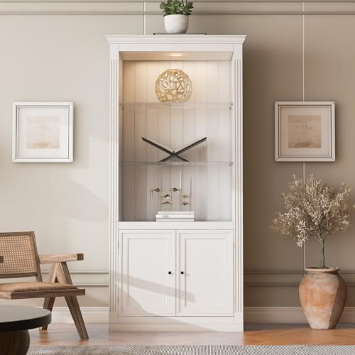 Virubi 78.75" Farmhouse Tall Bookcase Display Cabinet with Storage and LED Light, 5 Colors Adjustable, Wood Mid Century Modern Bookshelves with Shelves for Living Room, Office, Freestanding, White Virubi