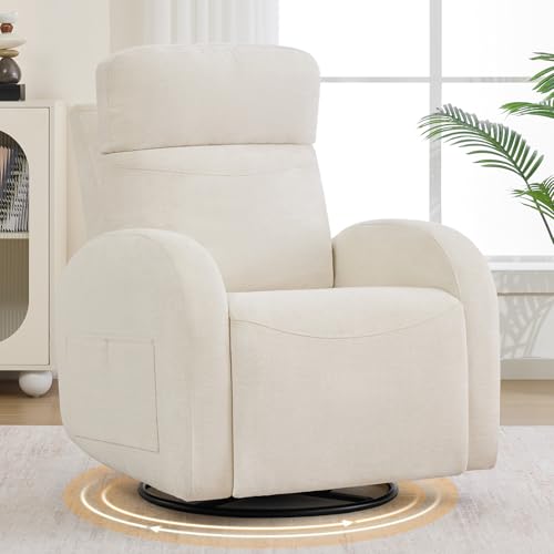 Dual Motors Power Recliner with Adjustable Headrest, Electric Swivel Rocker Recliner for Nursery, Glider Reclining Rocking Nursery Chairs for Small Space, Living Room, Bedroom, Chenille Cream White