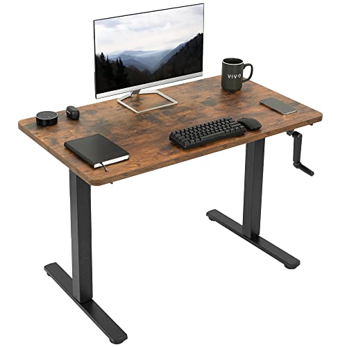 VIVO Manual Height Adjustable 43 x 24 inch Stand Up Desk, Rustic Vintage Brown Solid One-Piece Table Top, Black Frame, Standing Workstation with Foldable Handle, DESK-KIT-MB4N VIVO
