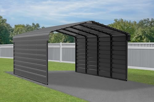 Arrow Carports Galvanized Steel Carport, with 2-Sided Enclosure, Compact Car Metal Carport Kit, 12' x 20' x 7', Charcoal Arrow Shed